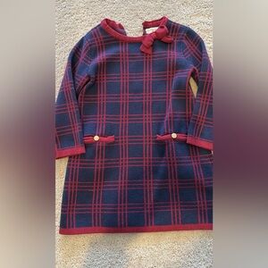 Hope and Henry Girls Navy and Burgundy Plaid Dress with Bow Detail